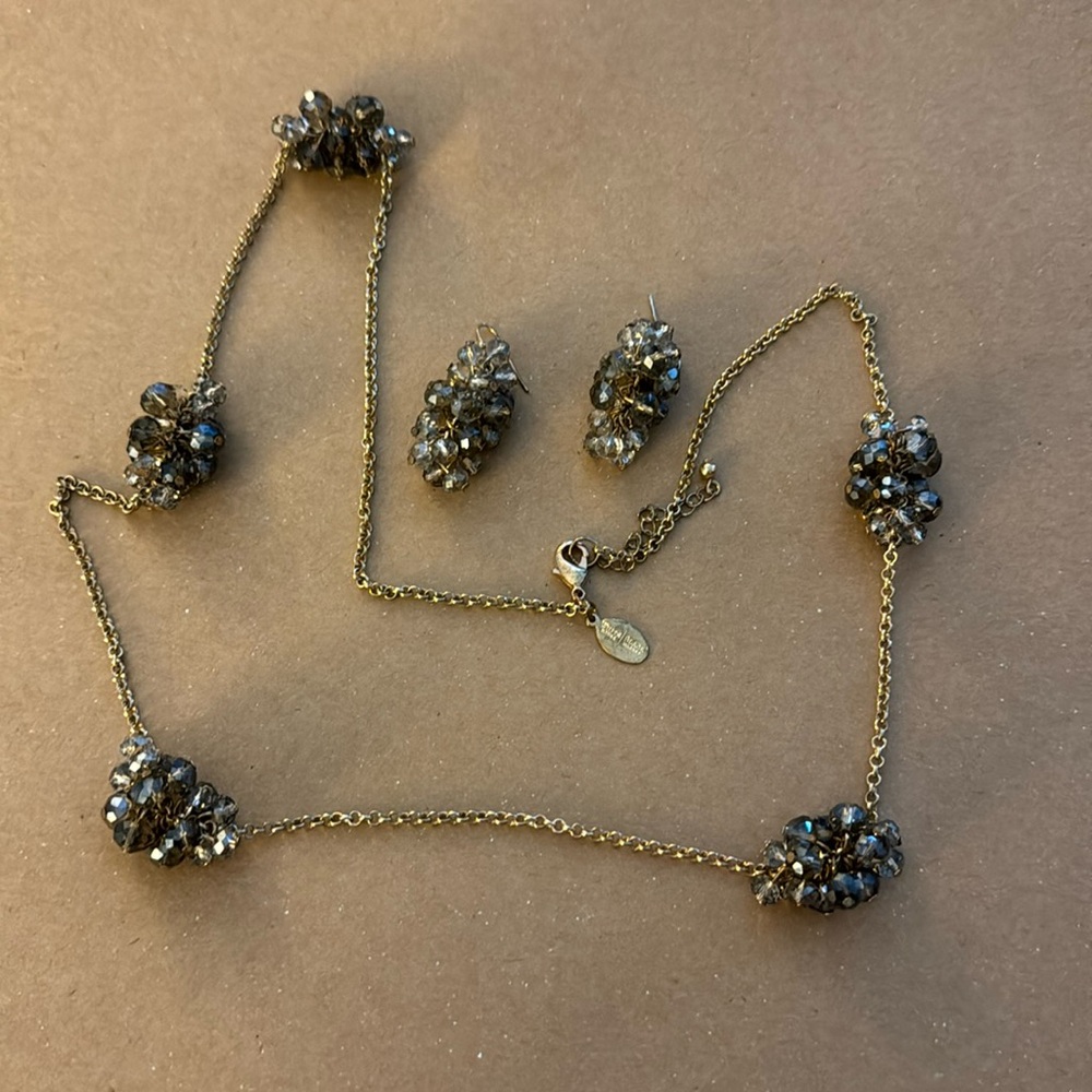 Gold tone and smoky bead necklace and earrings